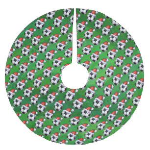 Soccer Ball Santa Hat Pattern on Green Brushed Polyester Tree Skirt