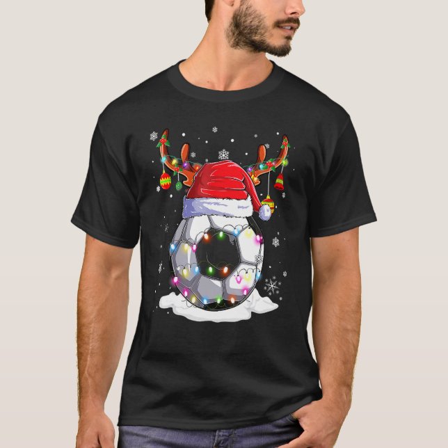 Soccer Ball Santa Hat Reindeer Christmas Lights Bo T-Shirt (Front)