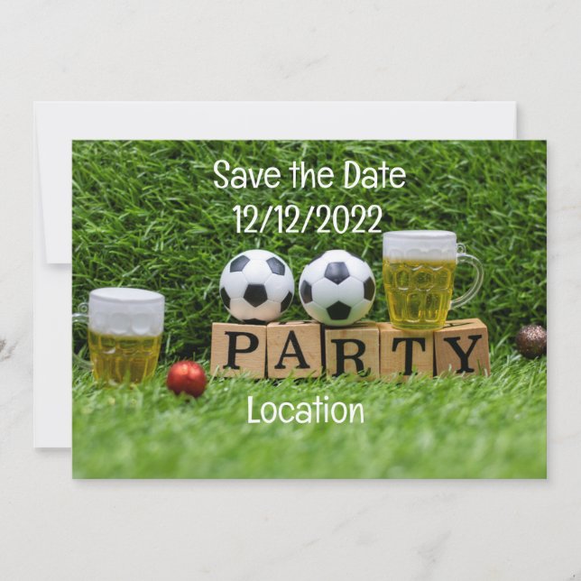 Soccer ball Save the date with ball and beer party Invitation (Front)