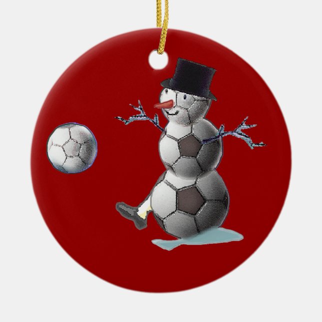Soccer Ball Snowman Ceramic Ornament (Front)