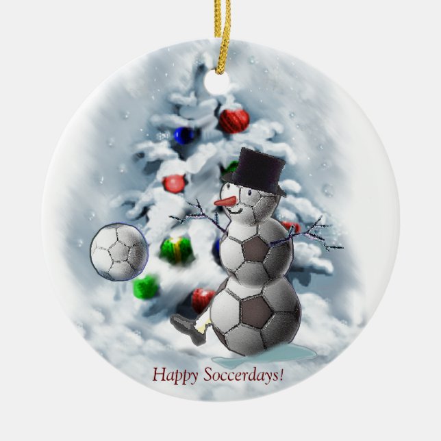 Soccer Ball Snowman Christmas Ceramic Tree Decoration (Front)