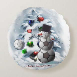 Soccer Ball Snowman Christmas Round Cushion