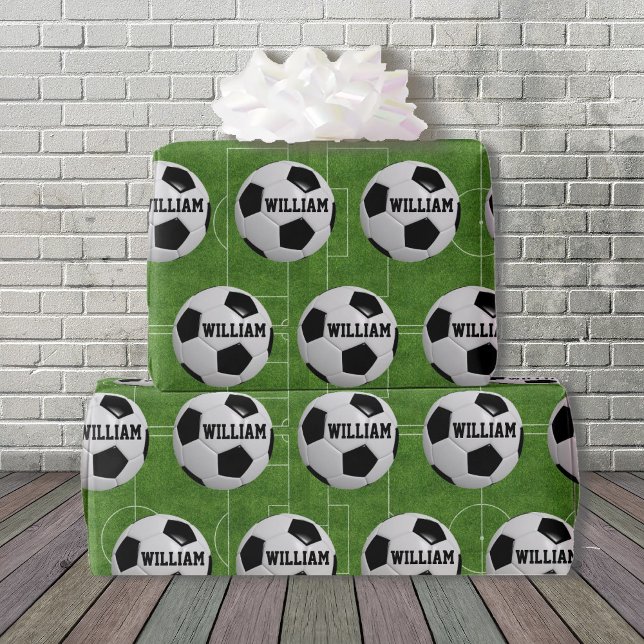 Soccer Ball Theme Add Name Birthday Giftwrap Wrapping Paper (Creator Uploaded)