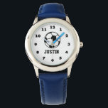 Soccer ball watch for kids with personalised name<br><div class="desc">Soccer ball watch for kids with personalised name print Personalizable wrist watches for soccer players and fans. Cute Birthday gift idea for boys and girls. Available in blue, pink, red etc. Sporty design with numbered dial plate. Cute team favour gift idea to give as soccer coach or soccer mum /...</div>