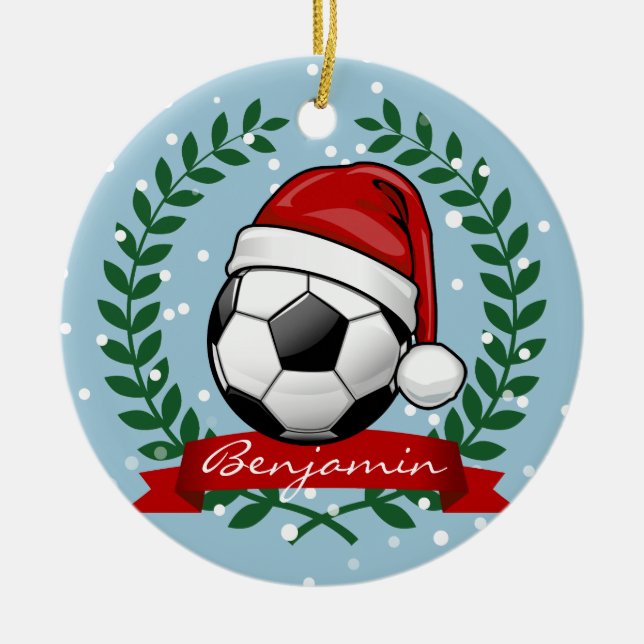 Soccer Ball Wearing a Santa Hat Christmas Ceramic Ornament (Front)