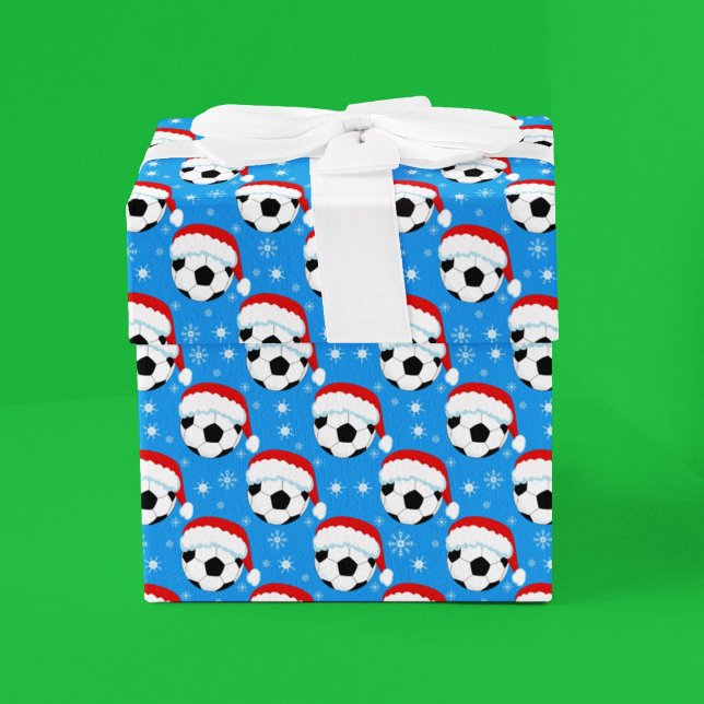 Soccer Ball Wearing Santa's Hat & Snowflakes Blue Wrapping Paper (Creator Uploaded)