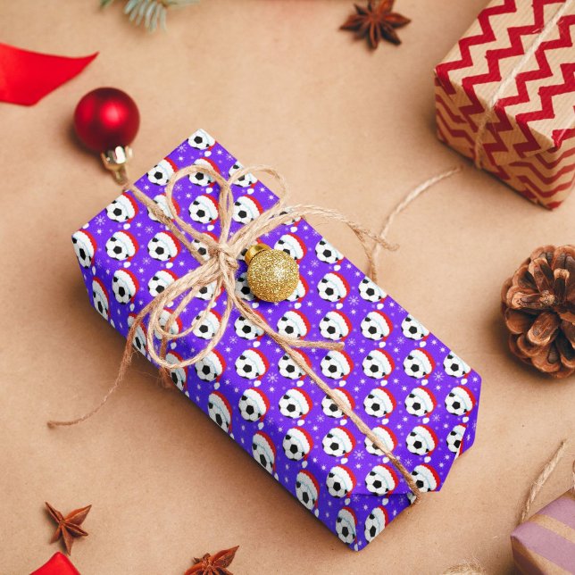 Soccer Ball Wearing Santa's Hat & Snowflakes  Wrapping Paper (Creator Uploaded)