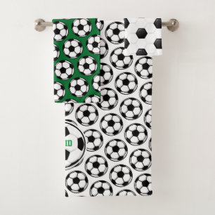 Soccer Ball White Black Green Kids Decor Bath Towel Set