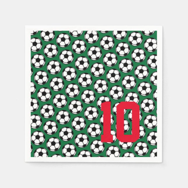 Soccer Ball White Black Green NUMBER Sports Kids Napkin (Front)