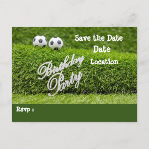 Soccer ball with Birthday Party word on green Save Announcement Postcard