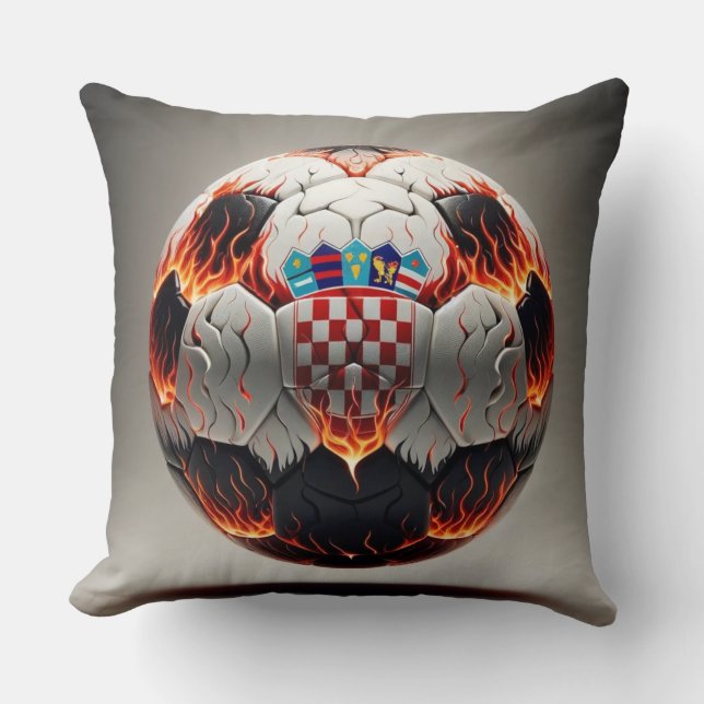 Soccer ball with flames and Croatian flag Cushion (Front)
