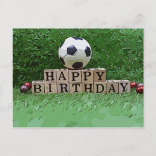 Soccer ball with Happy Birthday word on green  Car Postcard