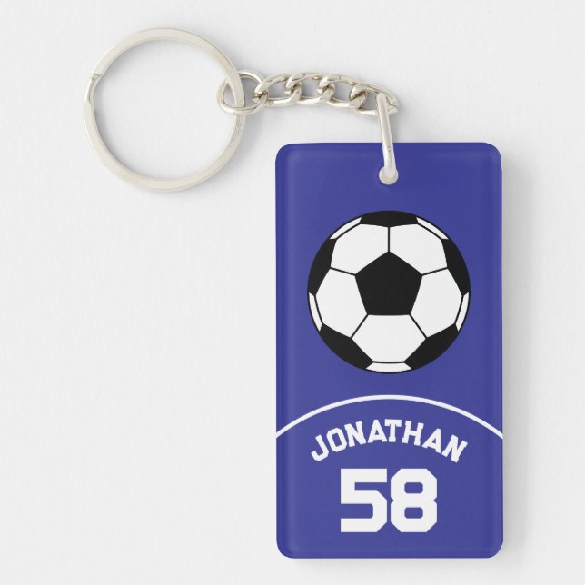 Soccer Ball with Name and Jersey Number Blue Key Ring (Front)