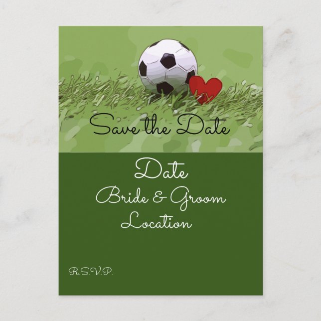 Soccer ball with red heart on green wedding   invi postcard (Front)