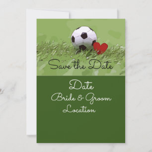 Soccer ball with red heart on green wedding invitation