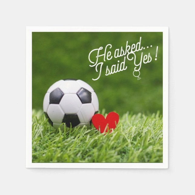 Soccer ball with red heart on green wedding napkin (Front)