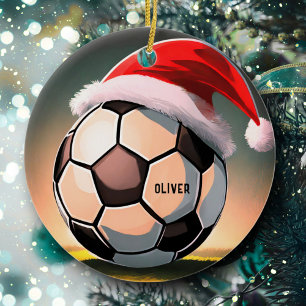 Soccer Ball with Red Santa Hat Name Christmas Ceramic Ornament