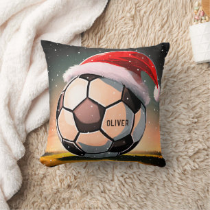 Soccer Ball with Red Santa Hat Name Christmas Cushion