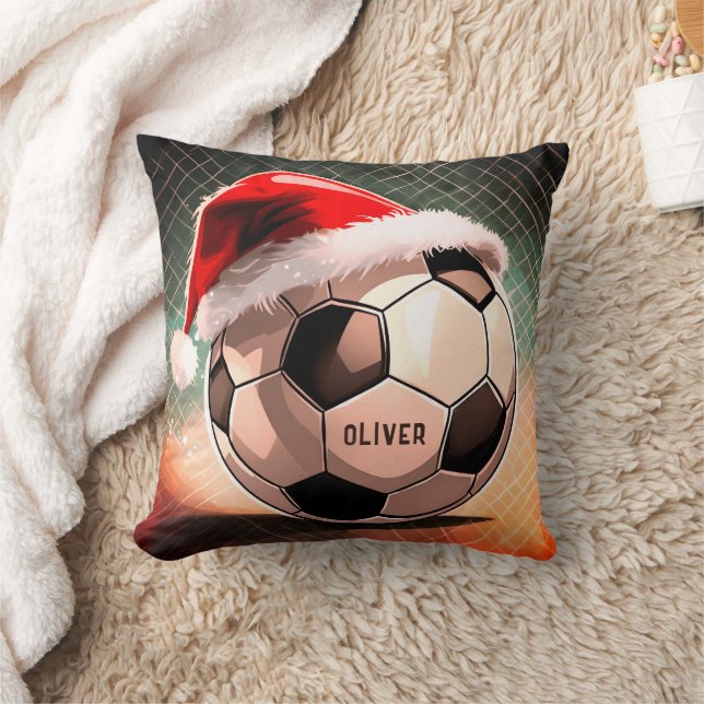 Soccer Ball with Red Santa Hat Name Christmas Cushion (Blanket)