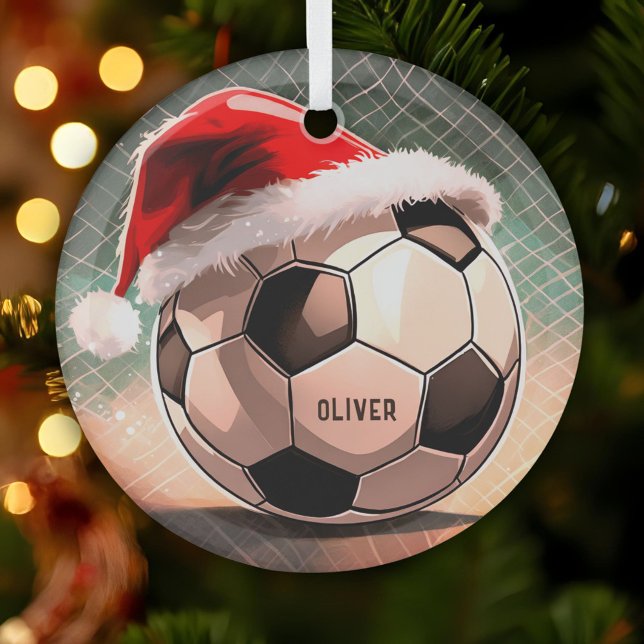 Soccer Ball with Red Santa Hat Name Christmas Glass Tree Decoration (Creator Uploaded)