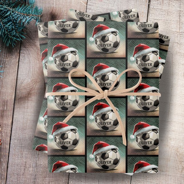 Soccer Ball with red Santa Hat Name Wrapping Paper Sheet (Creator Uploaded)