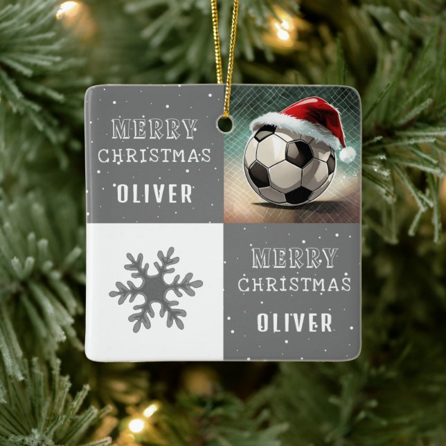 Soccer Ball with Santa Hat Snowflake Ceramic Ornament (Tree)