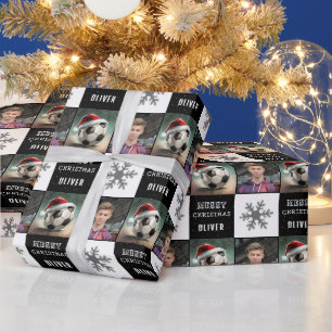 Soccer Ball with Santa Hat Snowflake Photo Wrapping Paper
