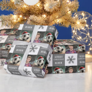 Soccer Ball with Santa Hat Snowflake Photo Wrapping Paper