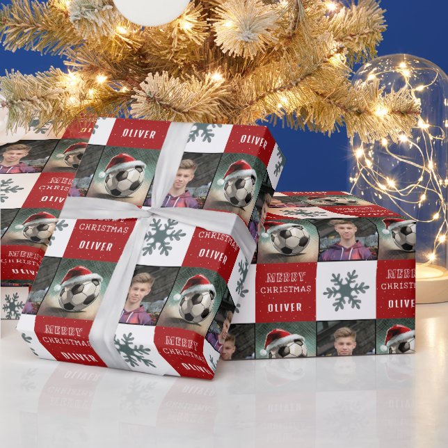 Soccer Ball with Santa Hat Snowflake Photo  Wrapping Paper (Holidays)