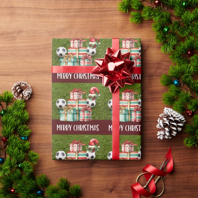 Soccer Ball with Santa Hat  Wrapping Paper (Holiday Gift)