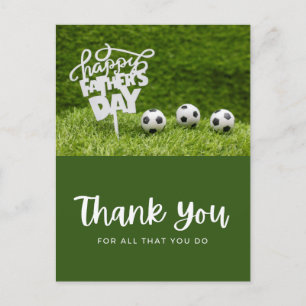 Soccer ball with thank all what you do on green  postcard