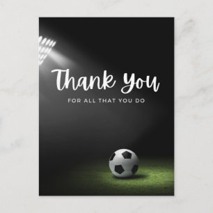 Soccer ball with thank all what you do on green postcard