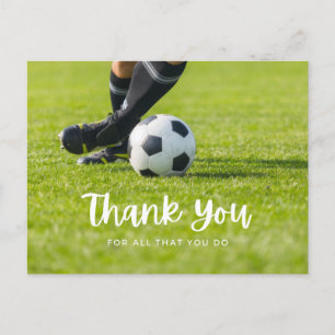 Soccer ball with thank all what you do on green postcard
