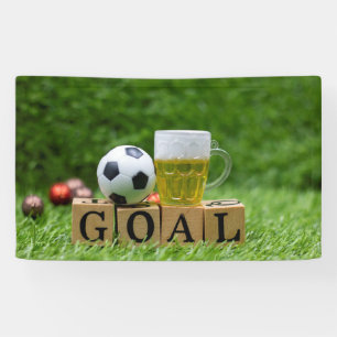 Soccer ball with word Goal and Beer on green Banner