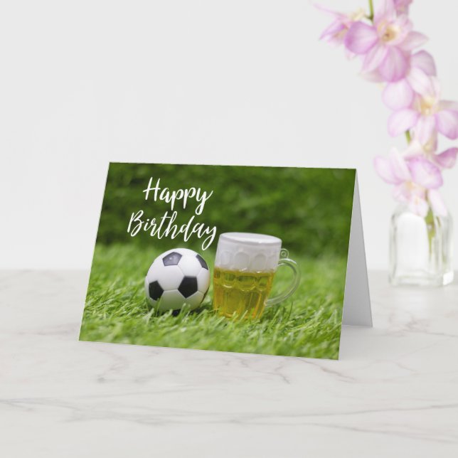 Soccer ball with word  Happy Birthday with Beer Card (Orchid)