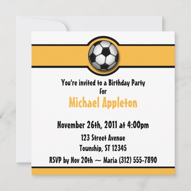 Soccer Ball Yellow / Gold Birthday Invitations (Front)