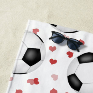 soccer balls and hearts pattern personalised beach towel