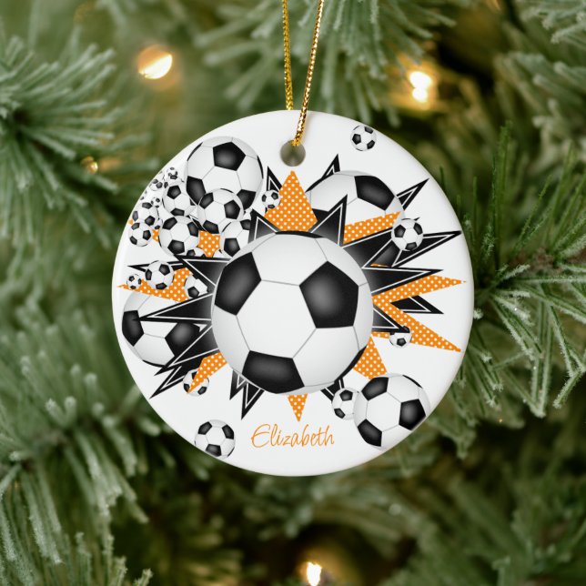 soccer balls black orange stars girls sports ceramic ornament (Tree)