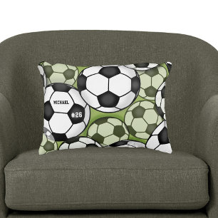 Soccer Balls Black & White Boy's Kids Name Number Decorative Cushion