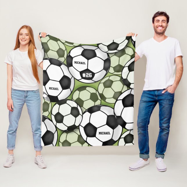 Soccer Balls Black & White Boy's Kids Name Number  Fleece Blanket (In Situ)