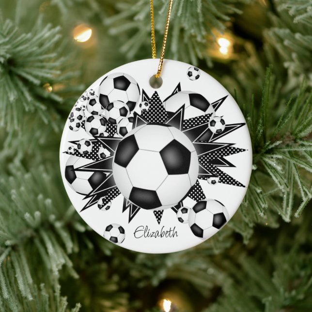 soccer balls black white stars girls sports ceramic ornament (Tree)