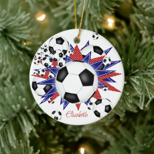 soccer balls blue red stars girls sports ceramic ornament