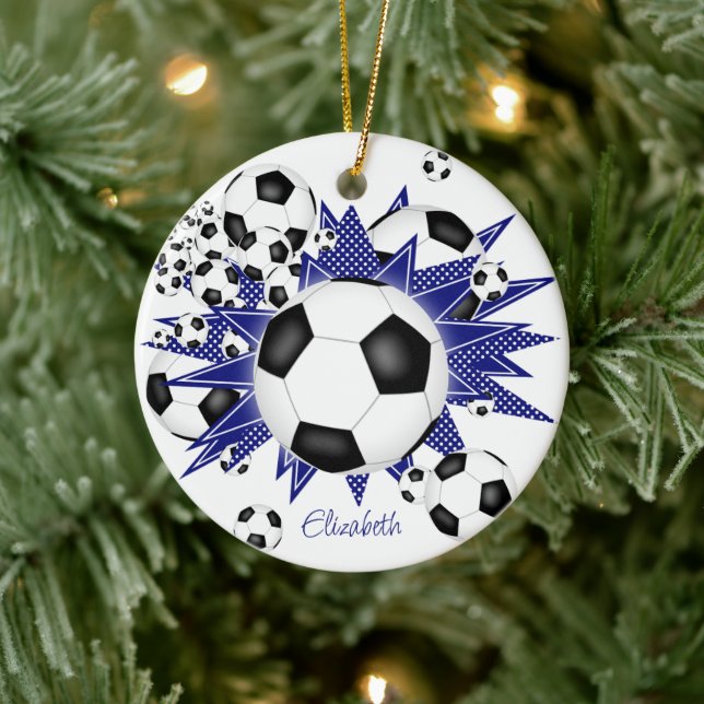soccer balls blue stars girls sports ceramic ornament (Tree)