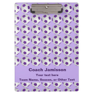 Soccer Balls, Coach Name, Purple and White  Clipboard