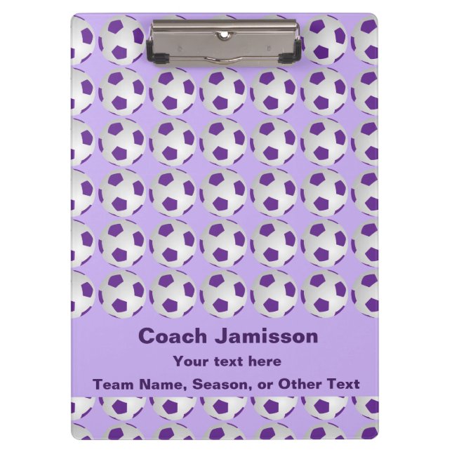 Soccer Balls, Coach Name, Purple and White  Clipboard (Front)