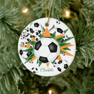 soccer balls green orange stars girls sports ceramic ornament