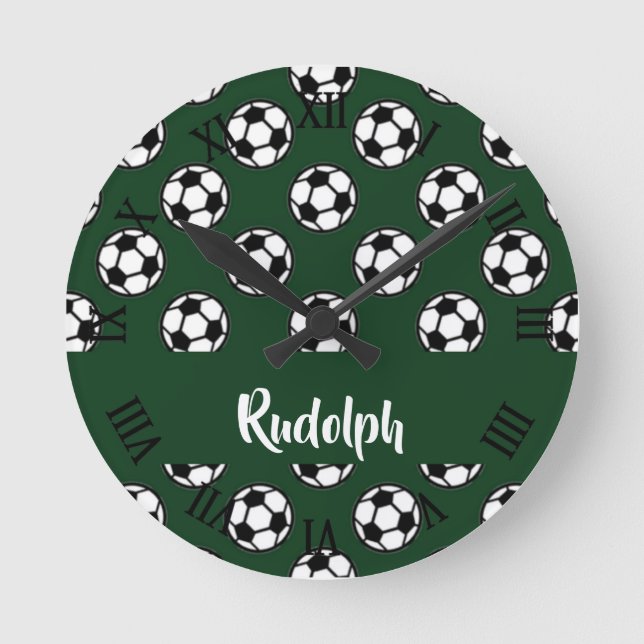 Soccer balls green pattern round clock (Front)