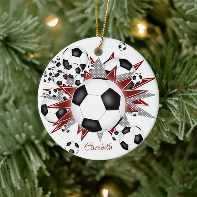 soccer balls maroon grey stars girls sports ceramic ornament (Tree)