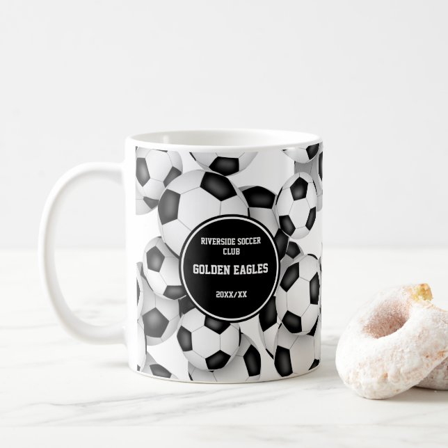 soccer balls pattern coach gift w custom name coffee mug (With Donut)