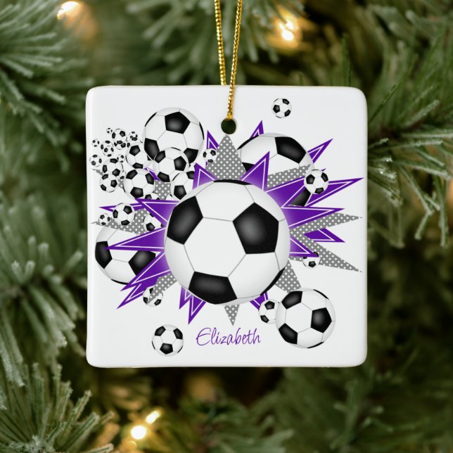 soccer balls purple grey stars girls sports ceramic ornament (Tree)